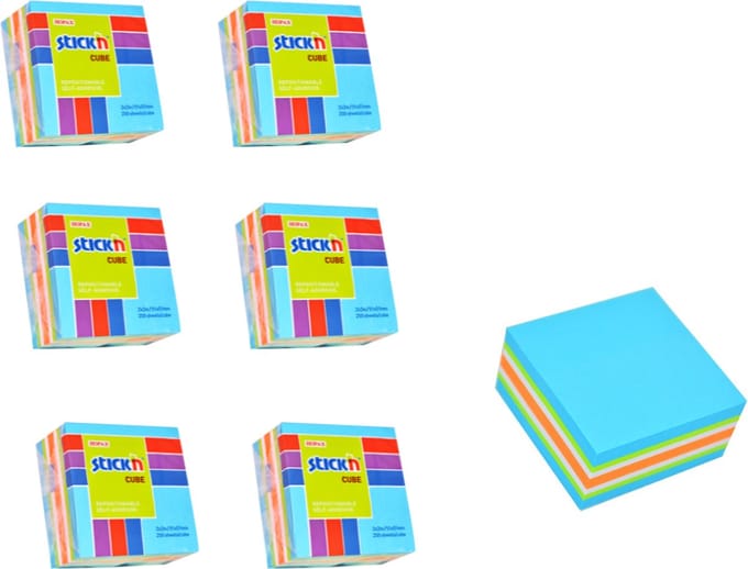 Stick'n Kleine Kubus - 6 pack - 50x50mm, neon/pastel mix blauw, 250 sticky notes