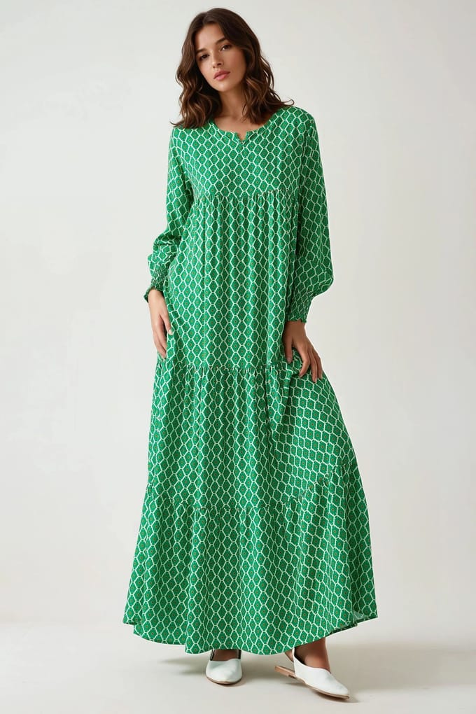 Geprinte Korte Mouw Viscose Maxi Jurk