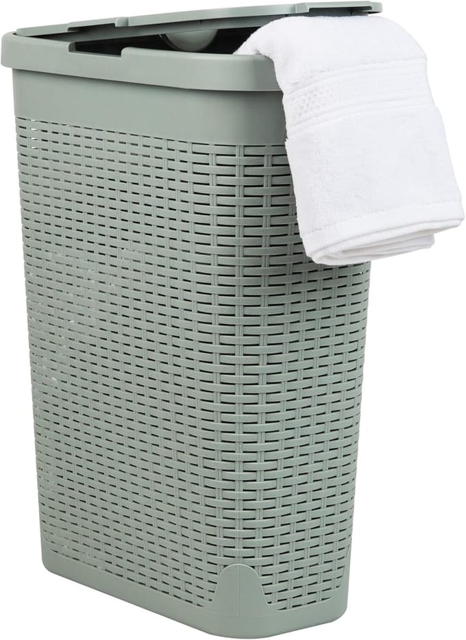 Slanke 40L Wasmand met Deksel - Ventilerende Rieten Stijl voor Kleding en Beddengoed