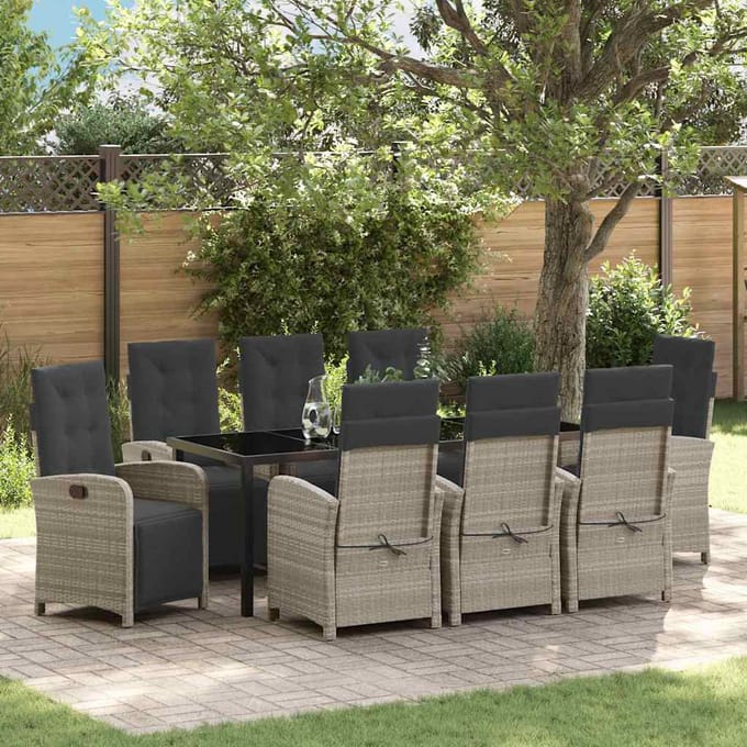 vidaXL - Tuin - Eettafel - Set - 9 - st - Lichtgrijs - poly - rattan