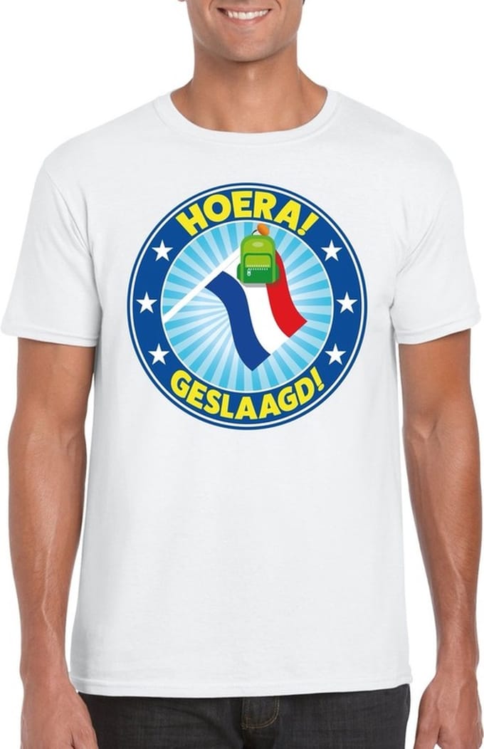 Geslaagd t-shirt wit met vlaggenmast en tas heren S