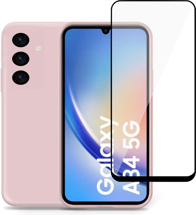 Hoesje geschikt voor Samsung A34 + Screenprotector – Full Screen Tempered Glass - Liquid Back Case Cover Rose