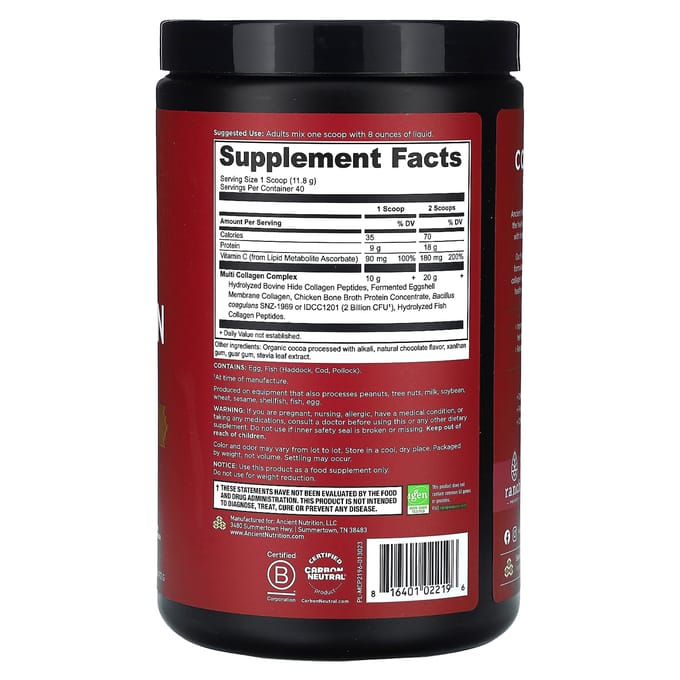 Ancient Nutrition, Protéine multi-collagène, chocolat, 1,04 lb (472 g)