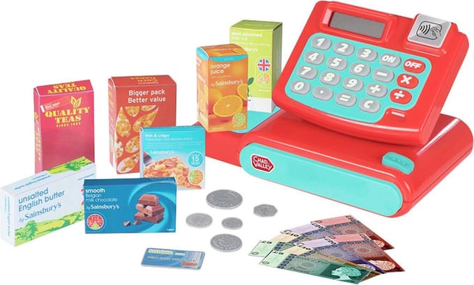 Chad Valley supermarkt kassa met rekenmachine en LCD scherm