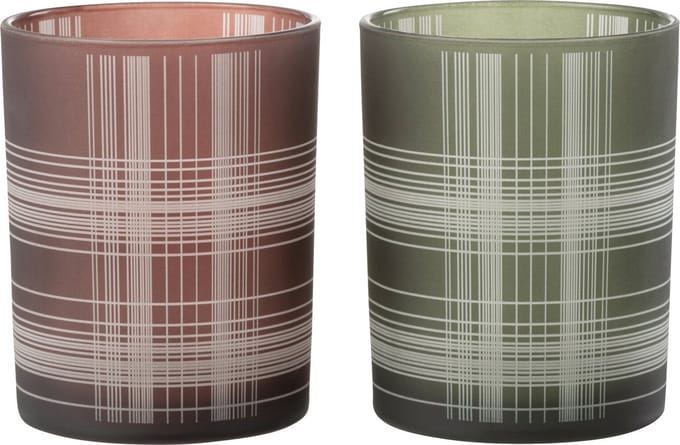 J-Line windlicht Geruit - glas - bruin/groen - medium - 2 stuks