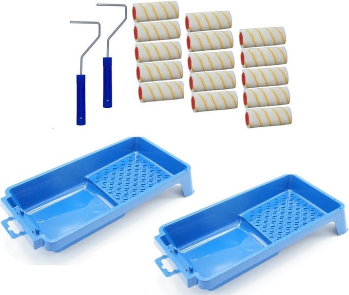 15x verfroller / vachtrollers incl 2 rollerbeugels en 2 verfbakken - 10 cm - rollers voor het schilderen van wanden en plafonds