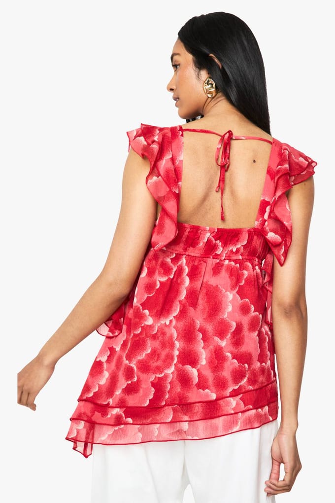 boohoo Dames Floral Chiffon Asymmetrische Ruffle Blouse | Red | Maat: 8
