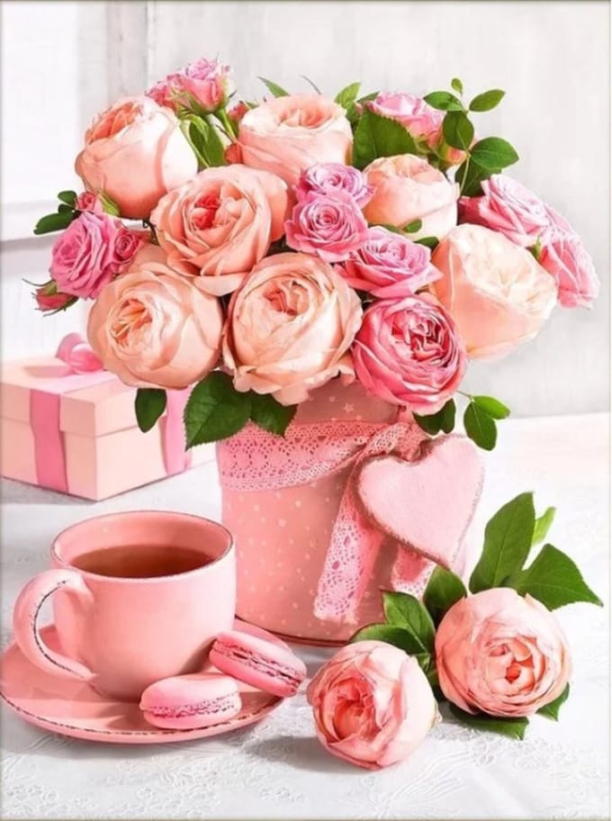 Diamond Painting Bouquet Pink tea party 30x40 cm vierkant steentjes