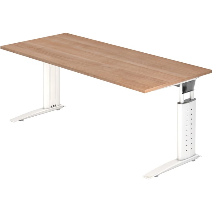 Bureautafel TARVIS, C-poot, vierkant, B 1800 mm, onderstel wit, in hoogte verstelbaar, notenhoutpatroon