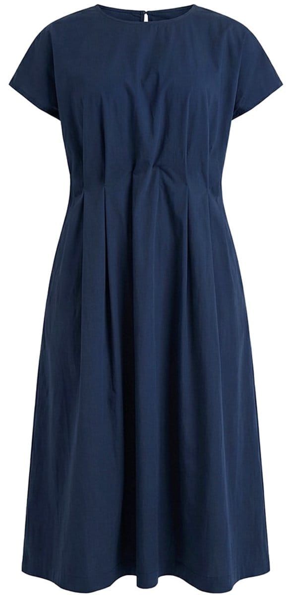 Ulla Popken - Dames - Maxi-jurk decoratieve plooitjes getailleerd ronde hals - Marine - Maat 54+