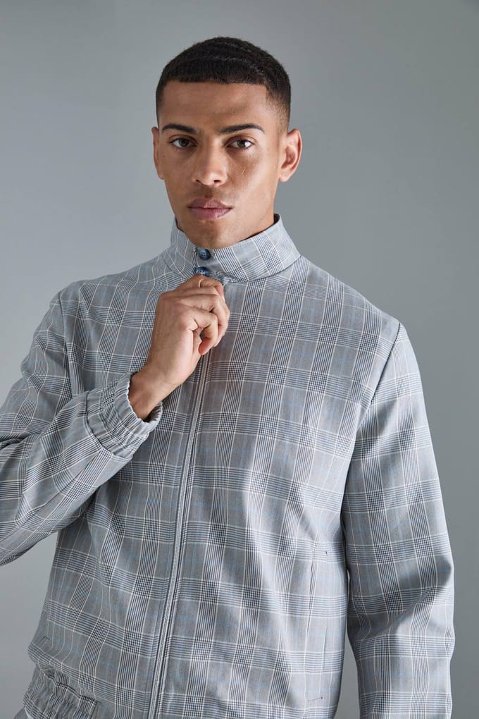 Geruite High Neck Zip Up Smart Bomber Jacket | Grey | Size Medium