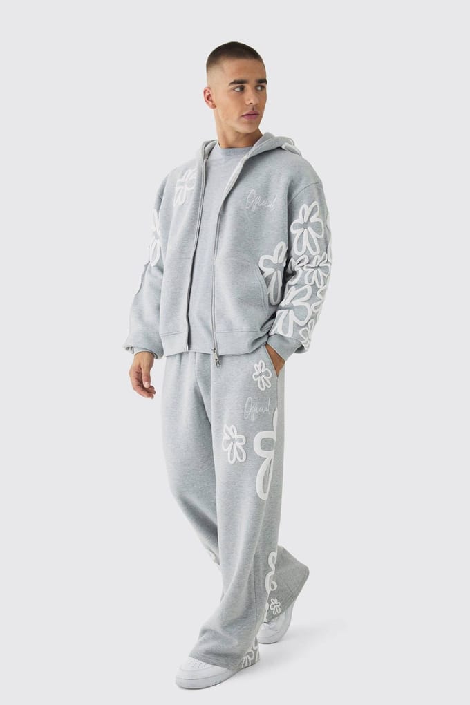 Oversized Boxy Floral Puff Print Zip Through Tracksuit | Grey Marl | Size Medium