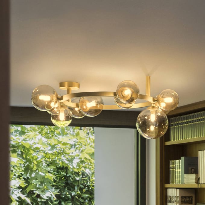 IDEAL LUX plafondlamp Perlage messing/amber lengte 70 cm 10-lamps