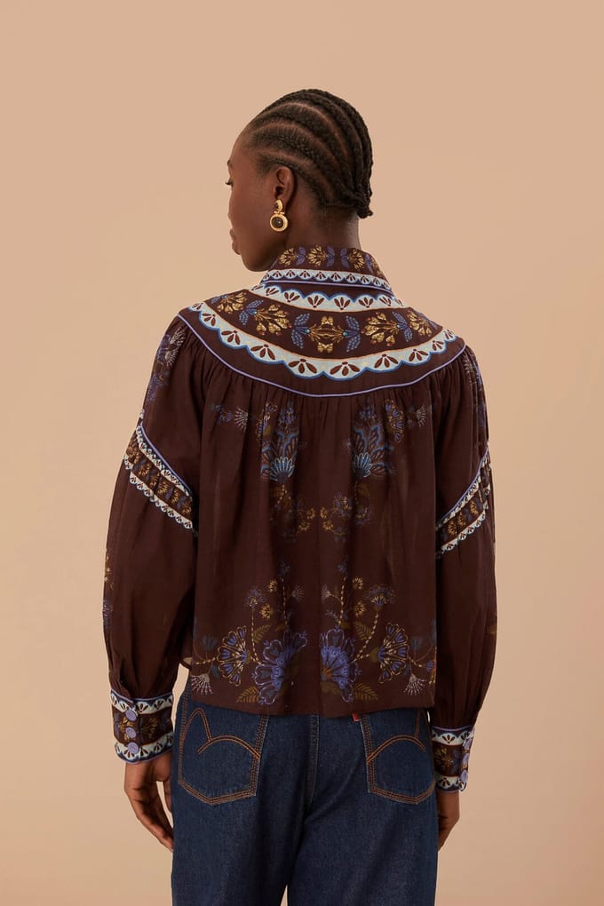 FARM Rio Embroidered Garden Brown Blouse Maat: XXS | Blouses Outlet | Dames | Bruin