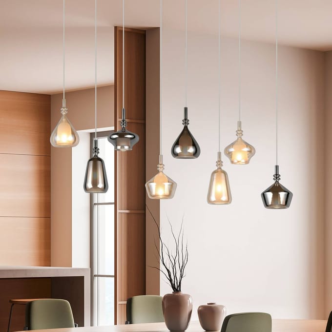 Trio Lighting Hanglamp Aldea, lengte 115 cm wit/amber/chroom glas, 8-lamps.