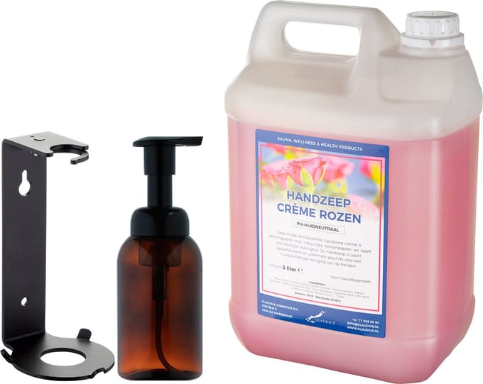 Zeepdispenser 300 ml amber bruin hervulbaar + 5 liter Handzeep Crème Rozen navulling (inclusief beugel)