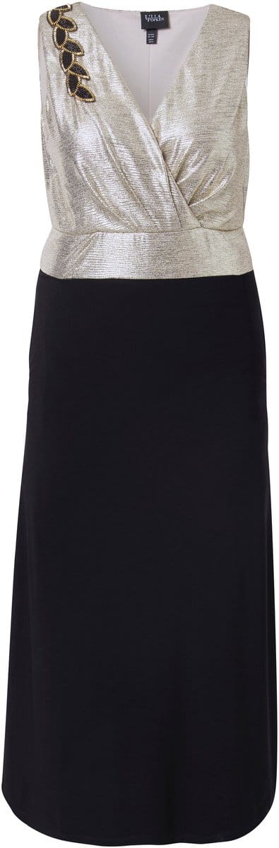 Ulla Popken - Dames - Maxi-jurk glitter borduursel V-hals mouwloos - Goud - Maat 54+