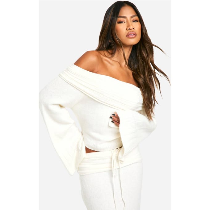 boohoo Dames Rib Edge Soft Knit Bardot Trui | Ecru | Maat: Large
