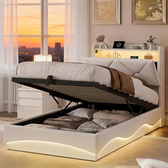 Upholstered Bed - Double Bed Storage Bed - Bedroom Storage - Height Adjustable Headboard - 140 x 200 cm - Beige