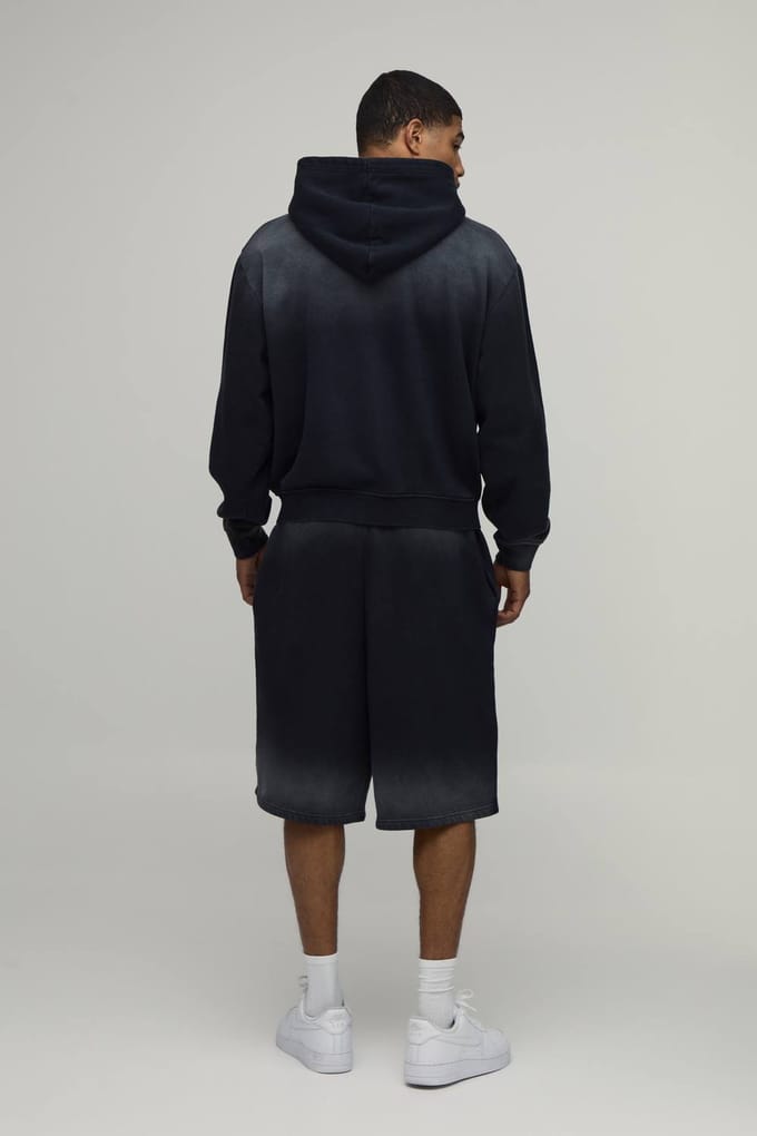 Oversized Boxy Ombre Wash M Ster Ritssluiting Hooded Jort Trainingspak | Black | Size Medium