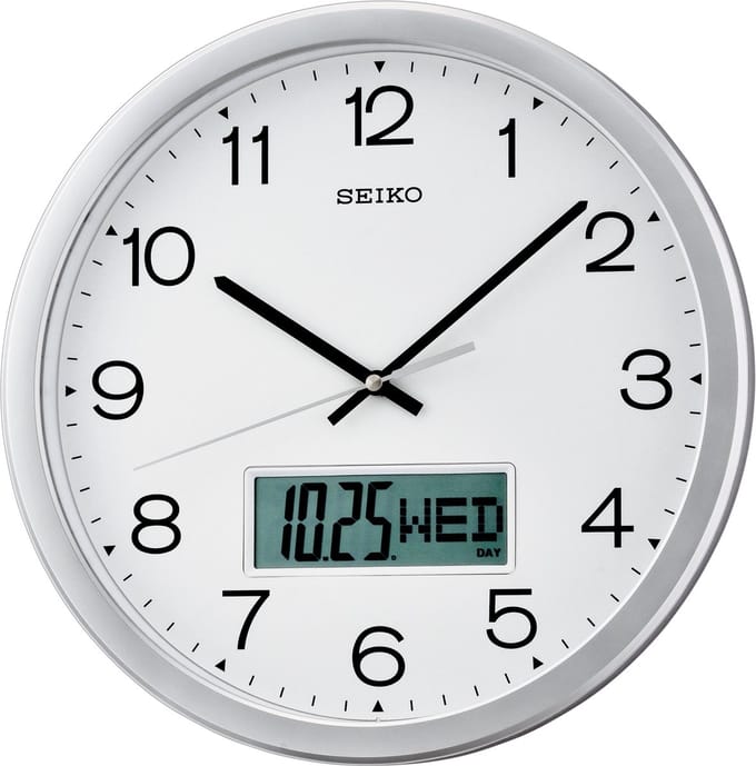 Seiko wandklok  - QXL007S  Wit  Kunststof  Ø35cm - LCD kalender