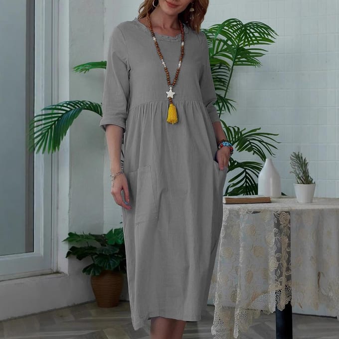 Dames Midi-jurk Dames Effen Kleur Korte Mouwen Ronde Hals L