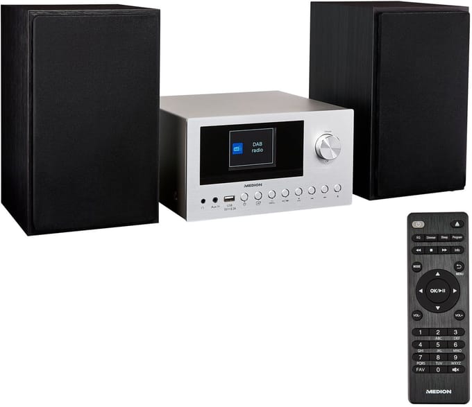MEDION P85003 Micro audiosysteem (internetradio, DAB+, PLL FM-radio, Bluetooth, USB-aansluiting, AUX, 2x150 W) zilver