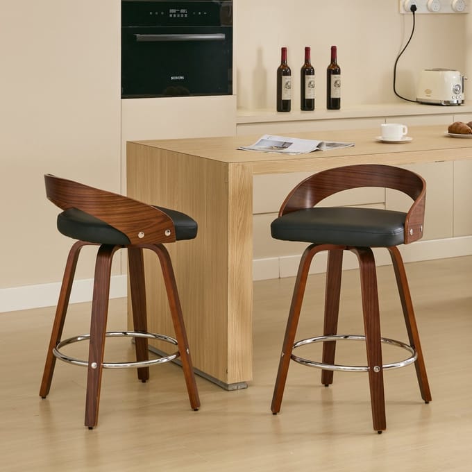 Barkrukken - Set van 2 - Lage Rug & Draaibaar - 63 cm Zithoogte - Hout & Kussen - Zwart