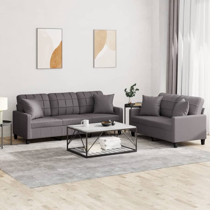 vidaXL - 2-delige - Loungeset - met - kussens - kunstleer - grijs