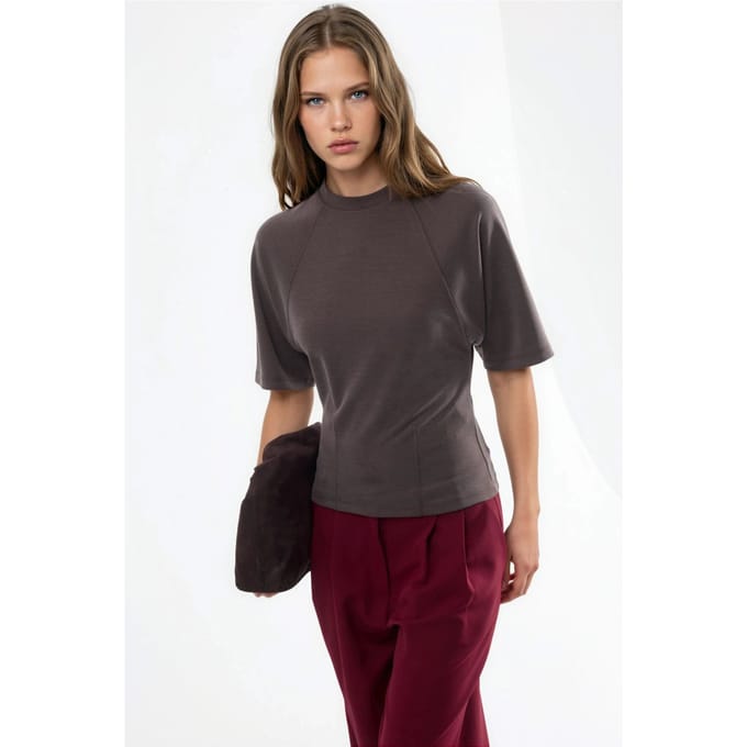 Geribbelde Crewneck Korte Mouwen Blouse