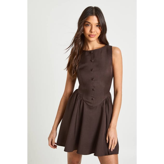 boohoo Dames Mini Jurk met Verlaagde Taille en Volle Rok | Chocolate | Maat: 6