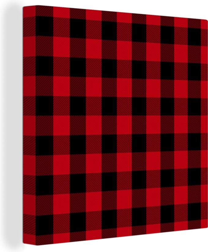Canvas Schilderij Plaid - Rood - Zwart - 20x20 cm - Wanddecoratie