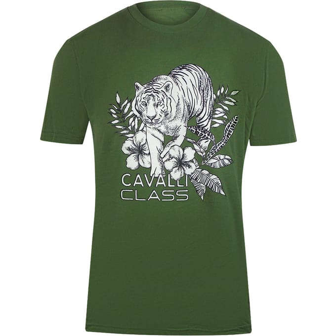 Cavalli Class Tiger Floral Logo Militair Groen T-shirt