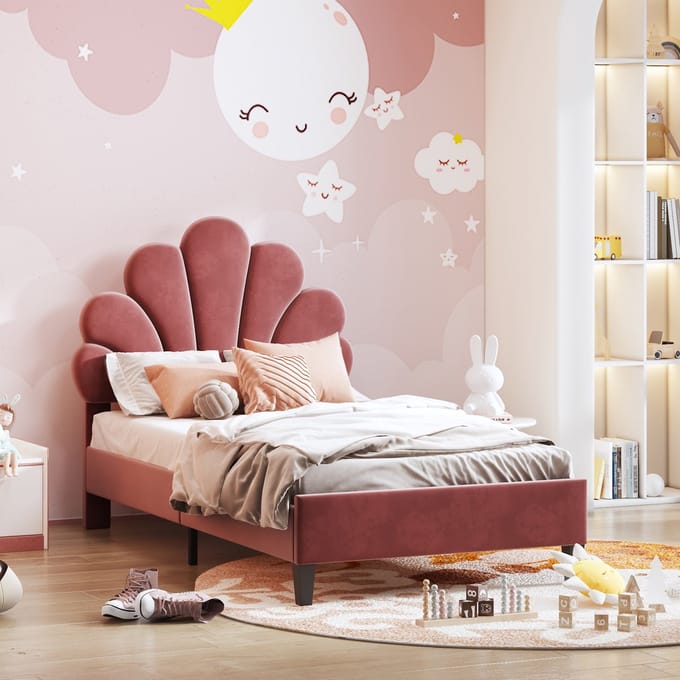 HAUSS SPOLE Gestoffeerd Bed 90x200 - Kinderbed Met Lattenbodem En Stevig MDF Frame - Fluweel - Rood