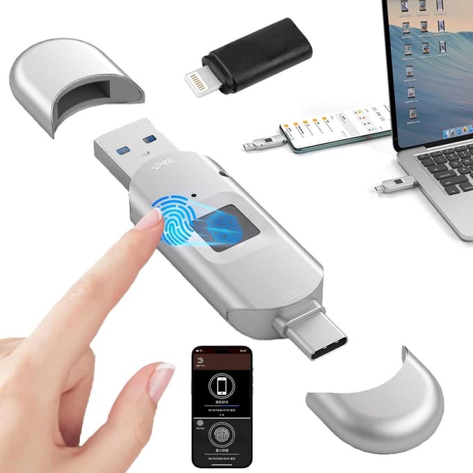 Vingerafdruk USB-stick - Data opslag - Veilig bestanden delen - Dubbele poort ontwerp - 512GB - Metaal
