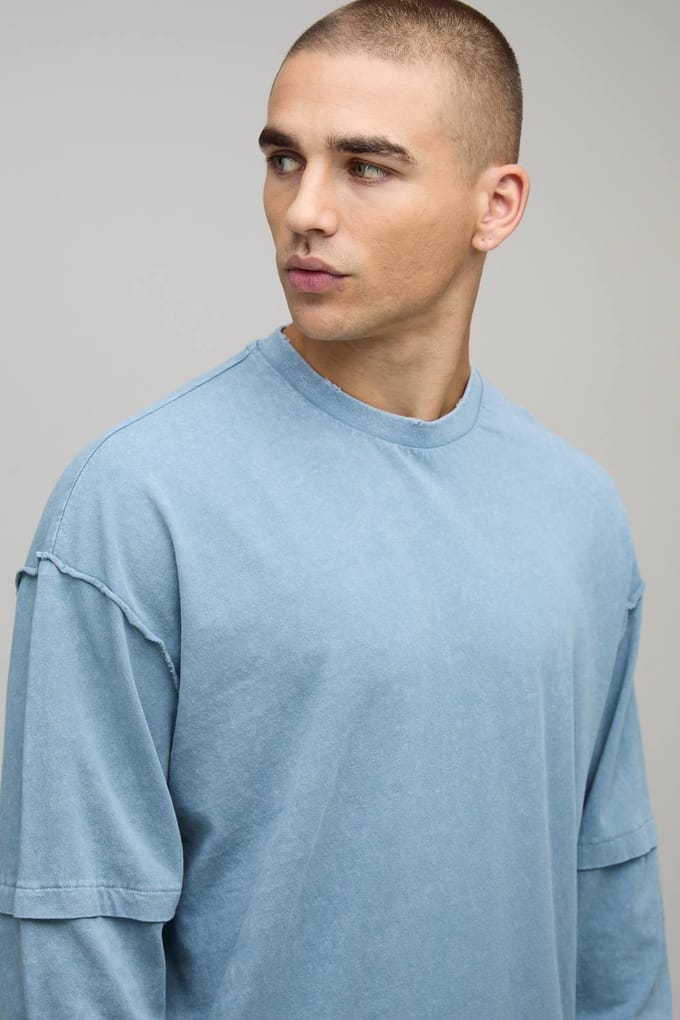 Oversized Gewassen Zwaargewicht Zichtbare Naden Faux Laag T-Shirt | Dusty Blue | Size Medium