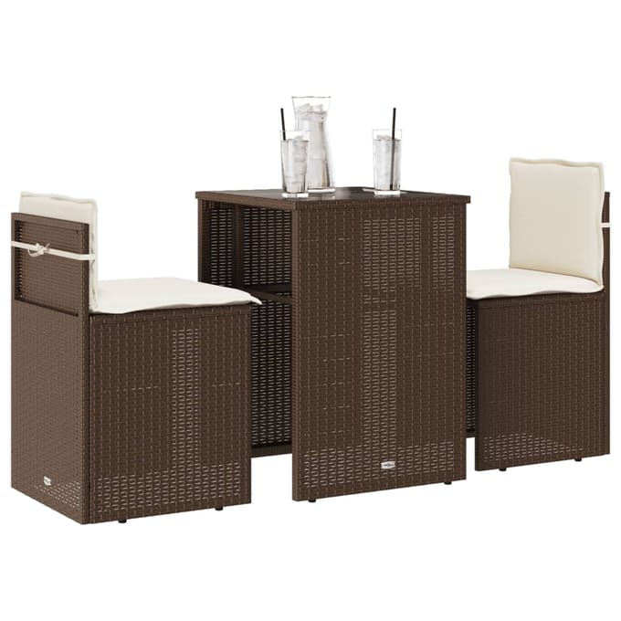 vidaXL - 3-delige - Bistroset - met - kussens - poly - rattan - bruin