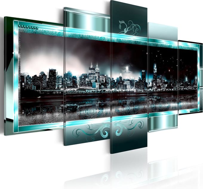 Schilderij - Turquoise New York: Sterren Nacht , 5 luik