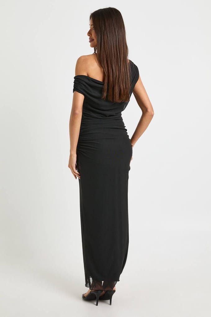 boohoo Dames Off-shoulder mesh maxi jurk | Zwart | Maat: 36