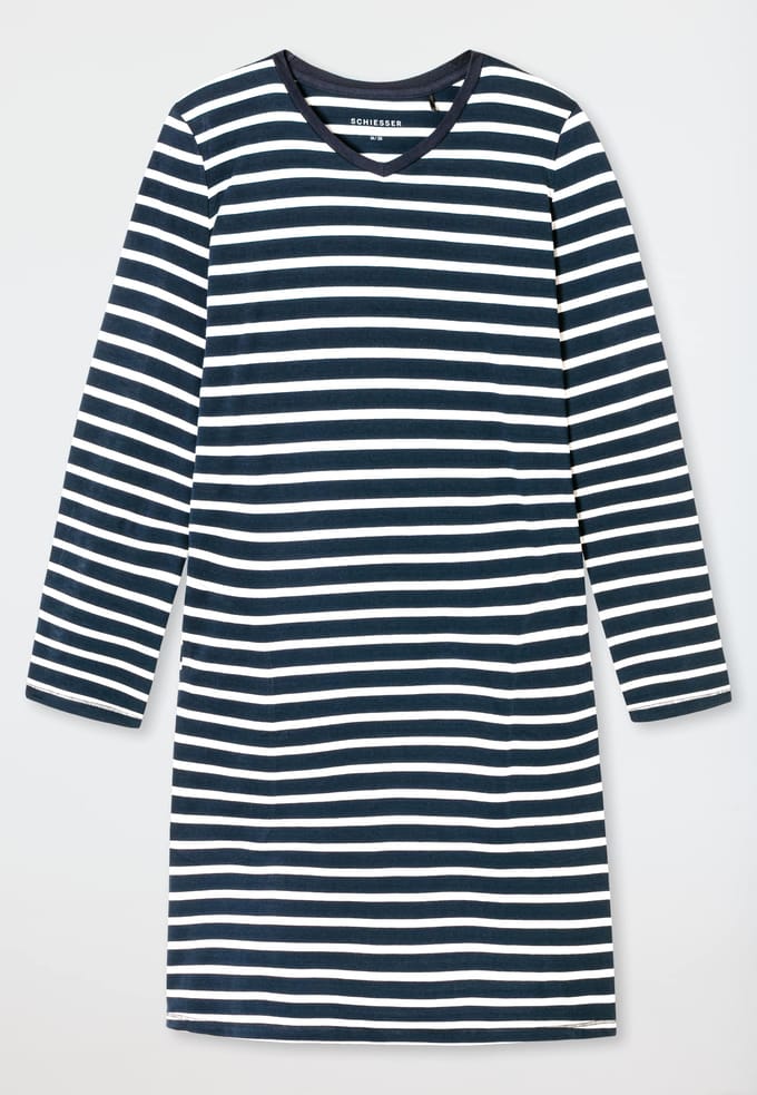 SCHIESSER dames Cotton Essentials Nachthemd lang - dames nachthemd - nachtblauw gestreept