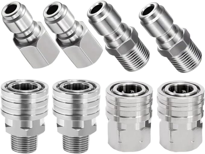 Adapter Set - Koppelingen Hogedrukreiniger - Snelle Aansluitingen - Veilige Kogelvergrendeling - 1/4 Inch - Zilver