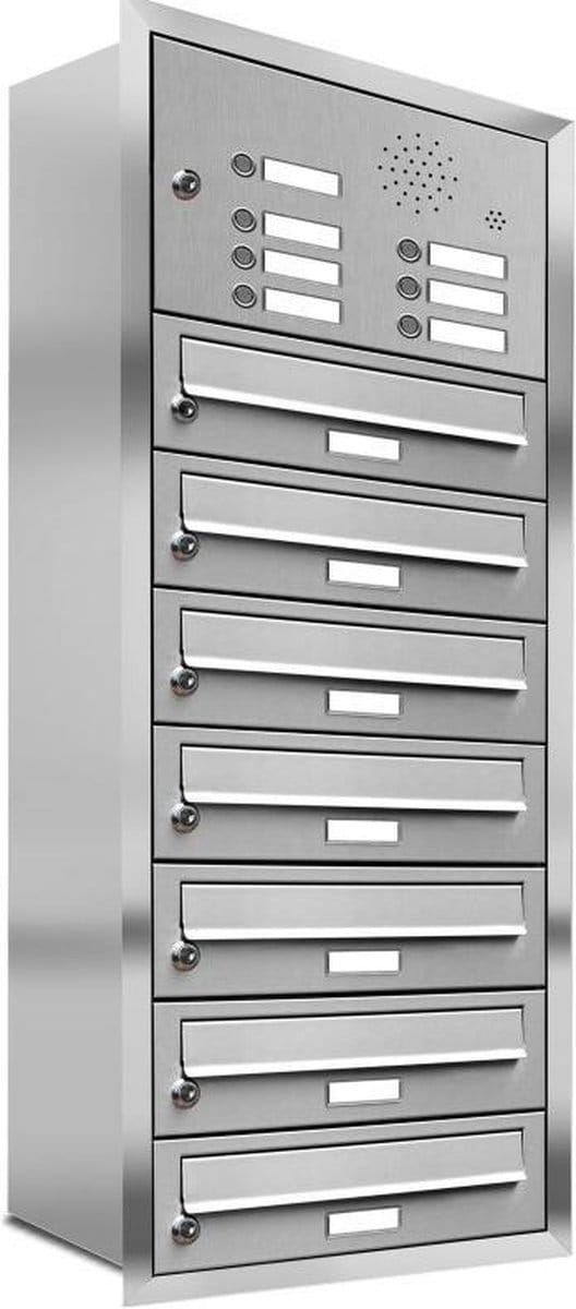 Inbouw met intercom 7 adressen(rand)_Brievenbus met intercompaneel inbouw_7_adressen__RVS