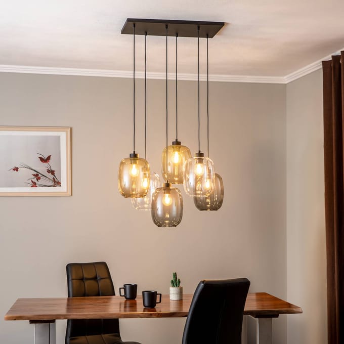 TK Lighting Hanglamp Elio, glas, bruin/helder/grijs, rechthoek 6-lamps
