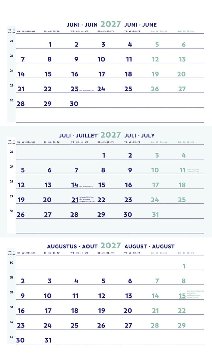 Brepols Driemaandskalender 2027 [1.854] - 3 Maanden - 30 x 60 cm