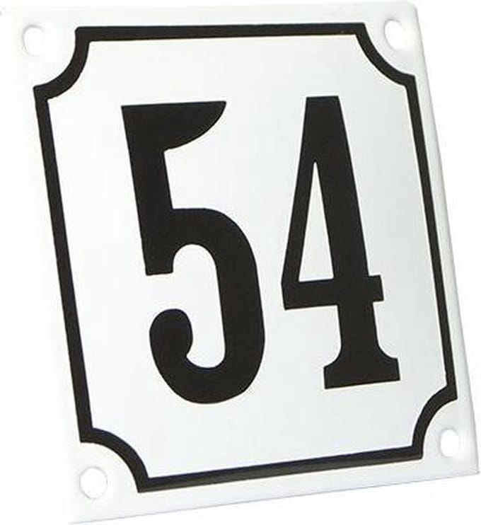 Emaille huisnummer wit/zwart nr. 54 10x10cm