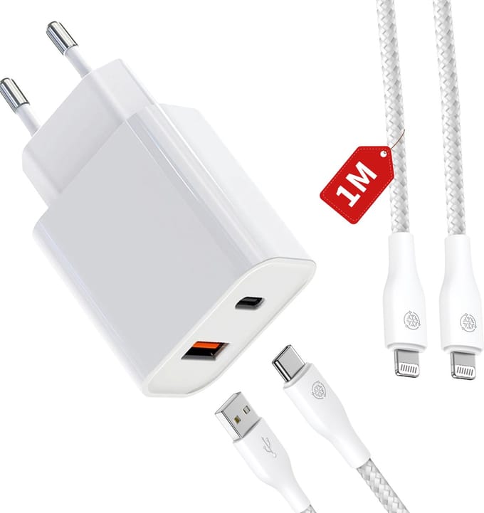 35w usb C Adapter - 2 Poorten - Usb + usb-C Lader geschikt voor Apple iPhone 14, iPhone 13, iPhone 12 Snellader met Oplader Kabel - 1 Meter