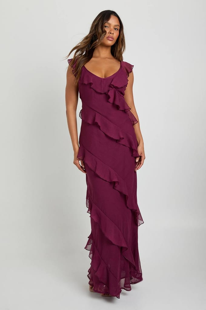 boohoo Dames Chiffon ruche bandjes maxi-jurk | Wijn | Maat: 44