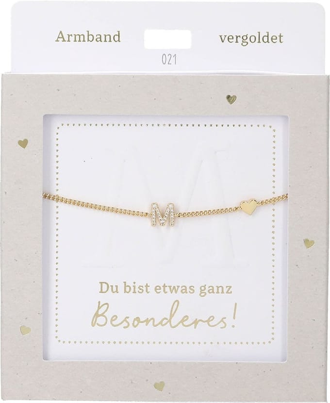 Depesche armband goud met M-hanger en hartje, verstelbaar cadeau.