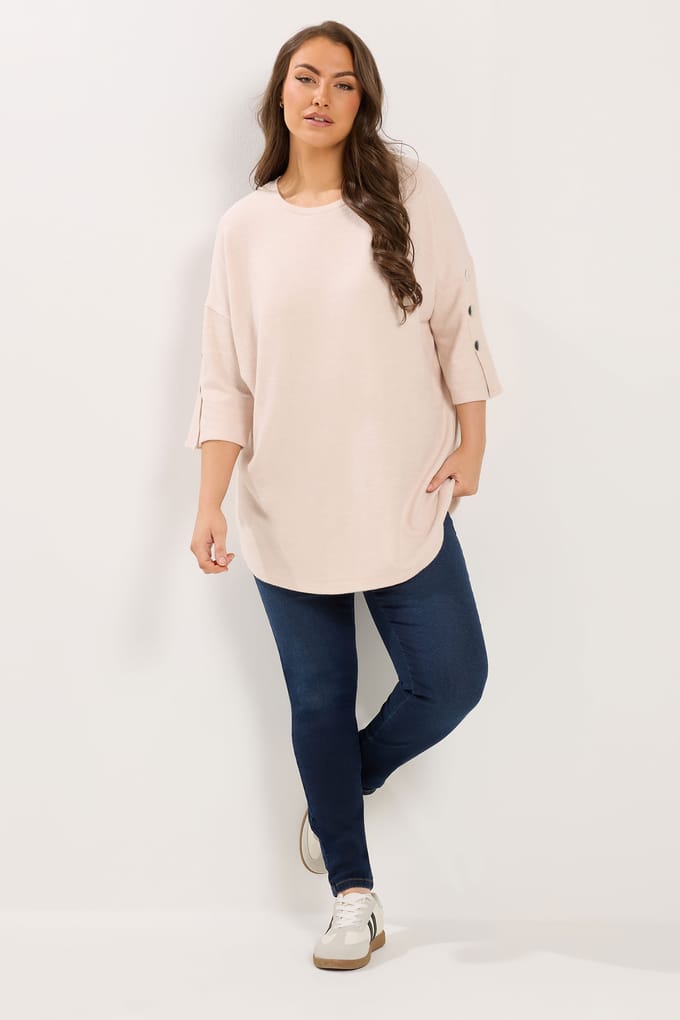 Yours Roze Zachte Geribde Top Met Knoopmouwen Size 48