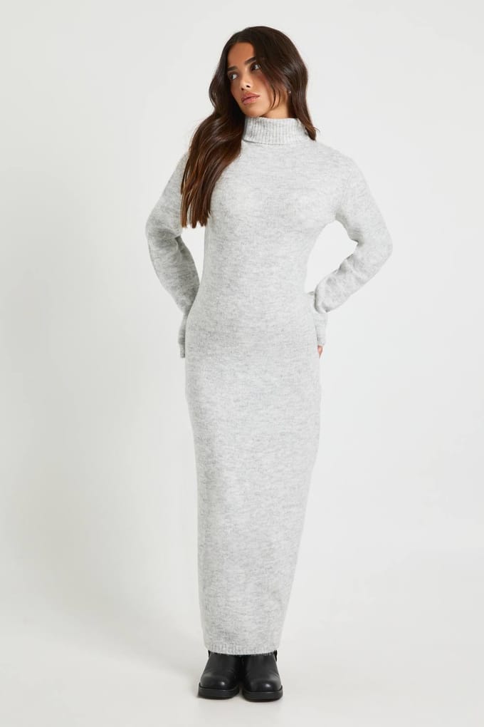 boohoo Dames Petite rolkraag superzachte gebreide maxi-jurk | Grijs | Maat: Medium